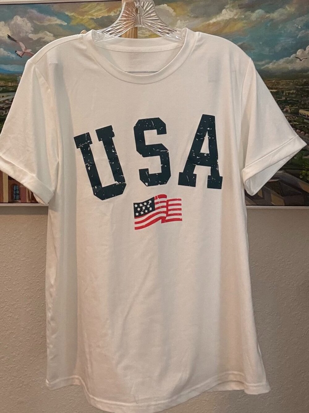 USA American‎ Flag Distressed Graphic T-Shirt - White - Size M
